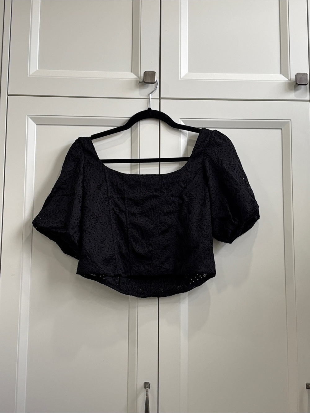 Reitmans Black Eyelet Square-Neck Crop Top with Puff Sleeves